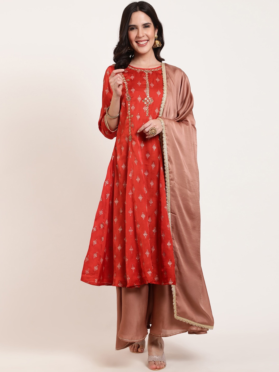 

FFU Ethnic Motif Embroidered Ari work Kurta With Sharara & Dupatta, Rust