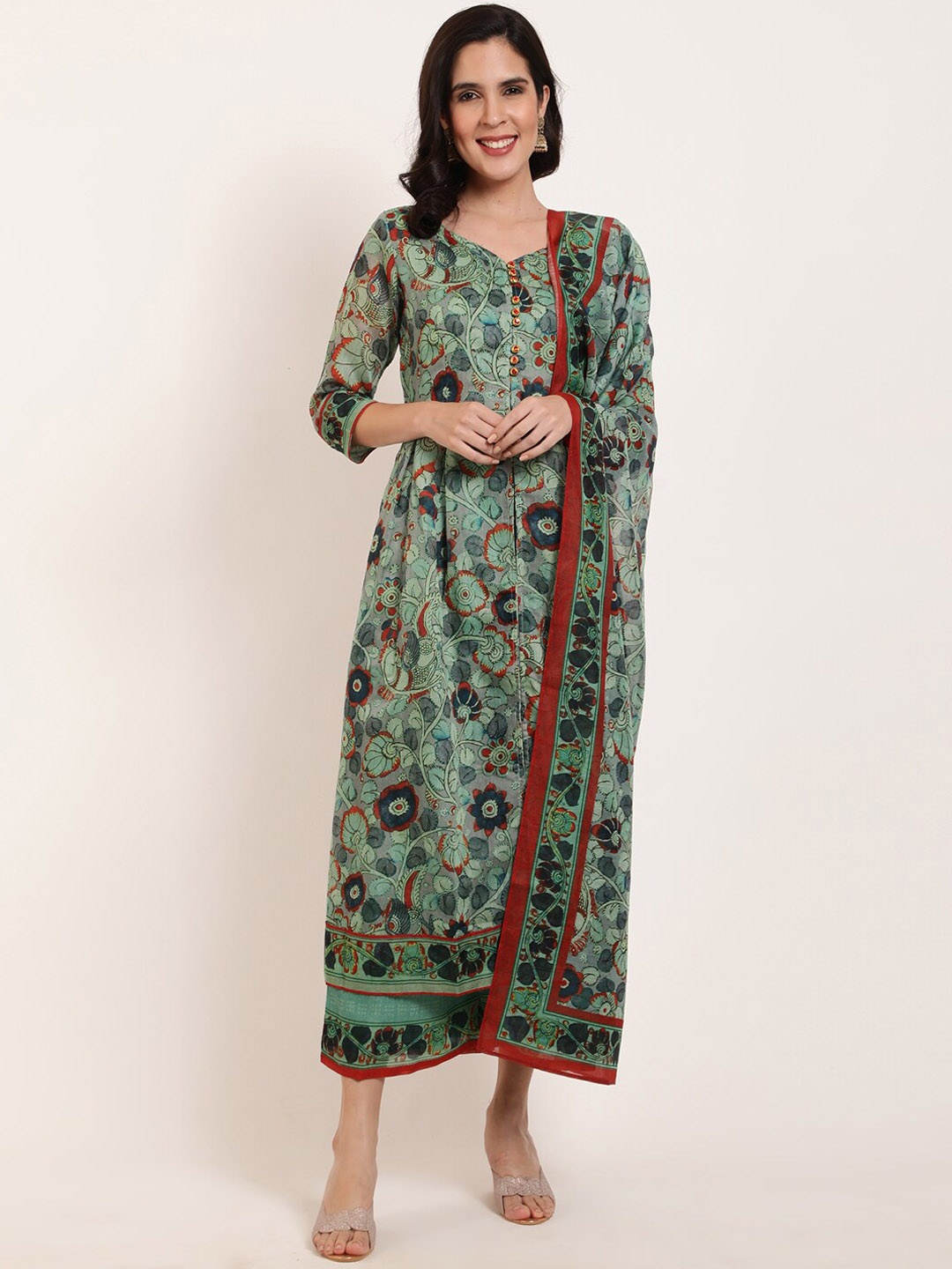 

FFU Floral Printed A-Line Kurta With Palazzos & Dupatta, Green