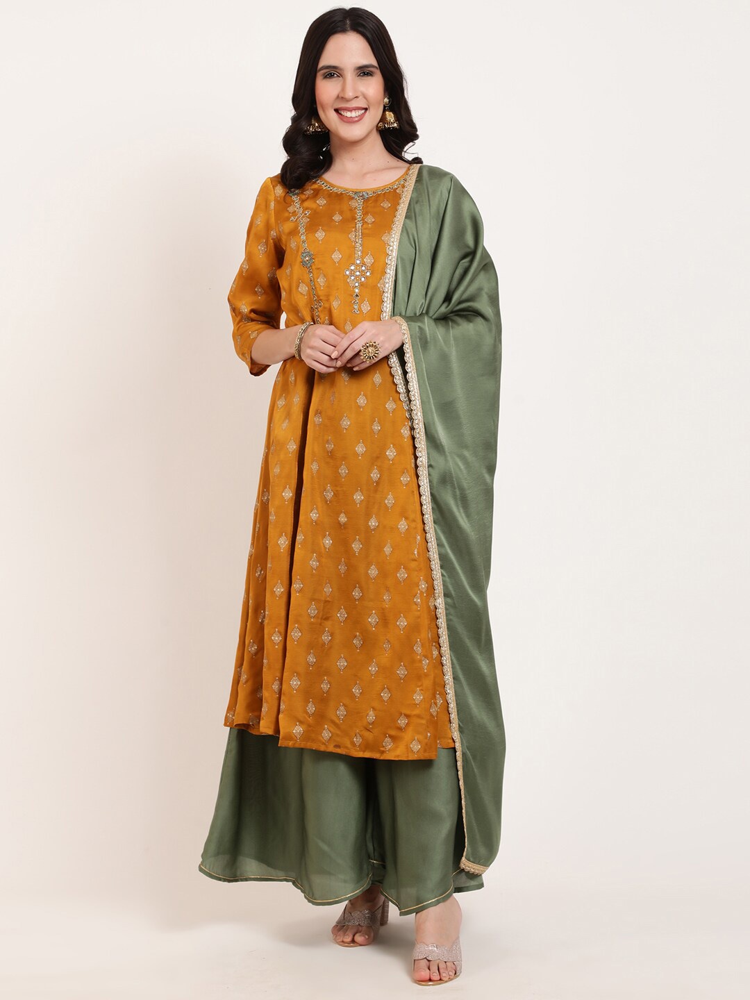 

FFU Ethnic Motifs Printed Thread Work A-Line Kurta With Sharara & Dupatta, Mustard