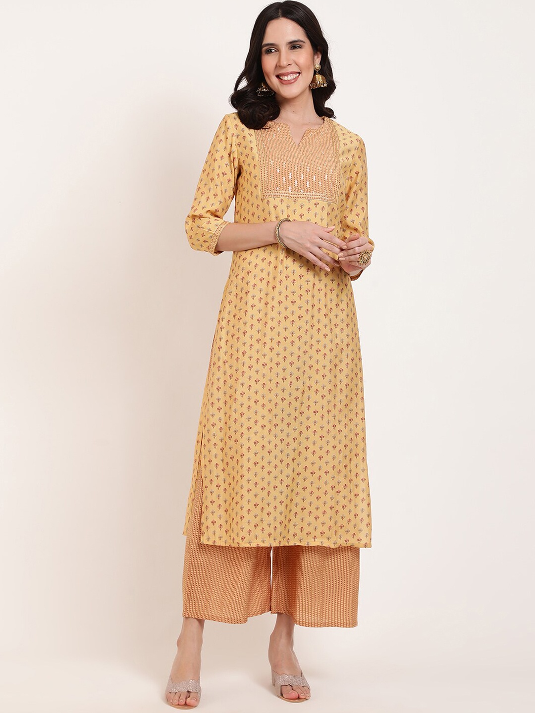 

FFU Ethnic Motifs Printed Straight Kurta with Palazzos, Yellow