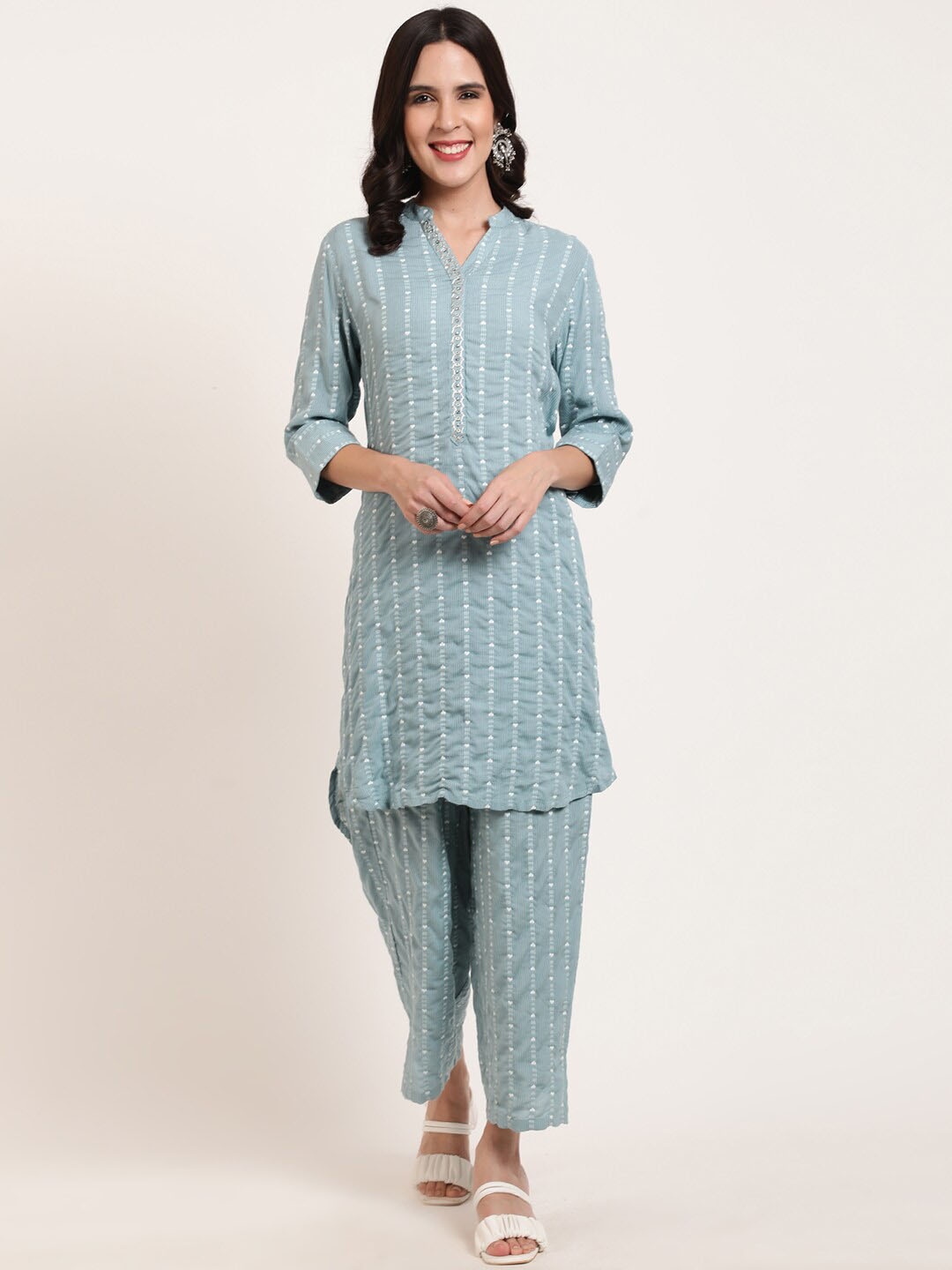 

FFU Striped Straight Kurti with Palazzos, Green