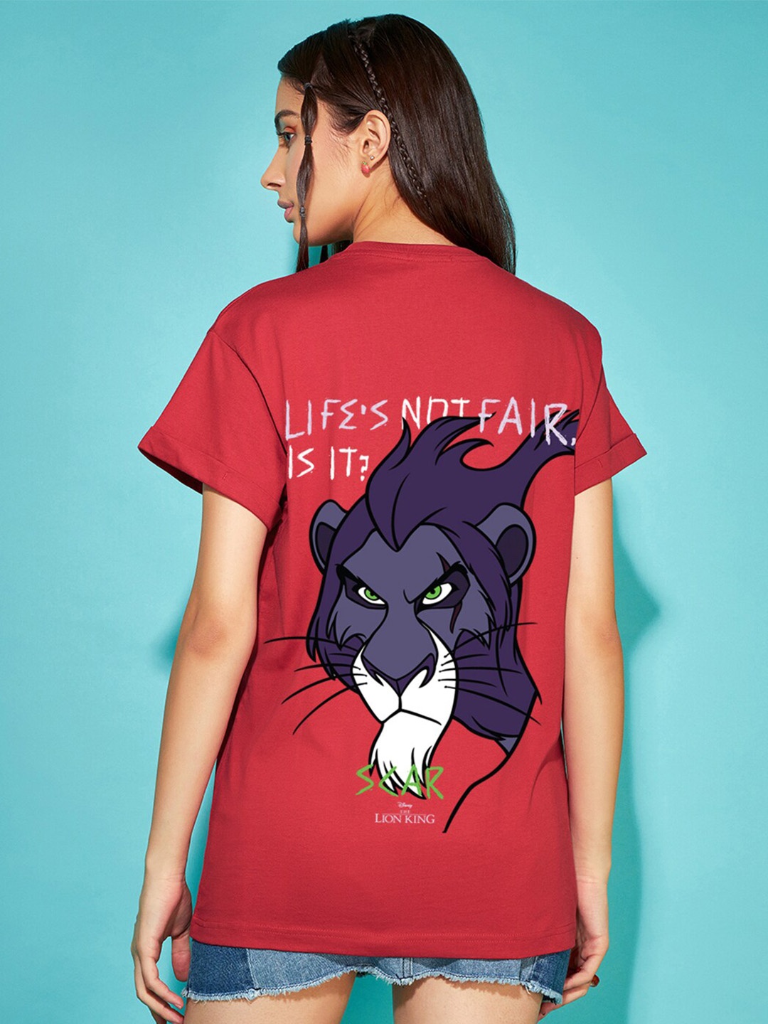

Bewakoof Red The Lion King Printed Drop-Shoulder Sleeves Cotton Relaxed Fit T-shirt