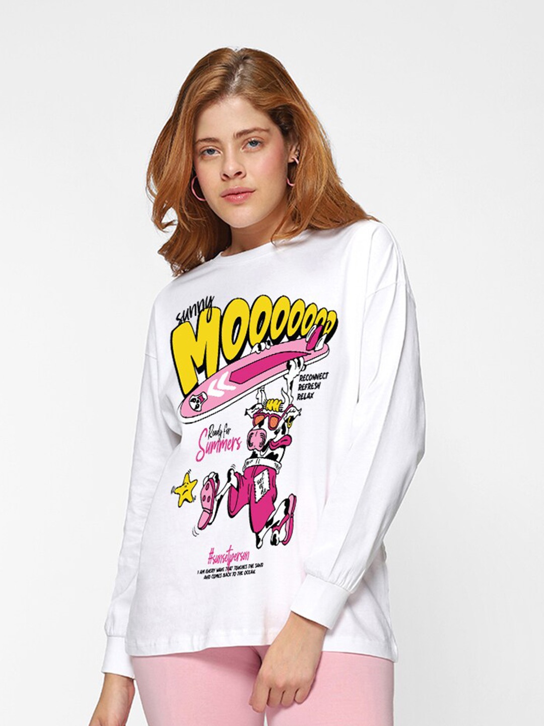 

Bewakoof White Sunny Moooood Graphic Printed Oversized Cotton T-shirt