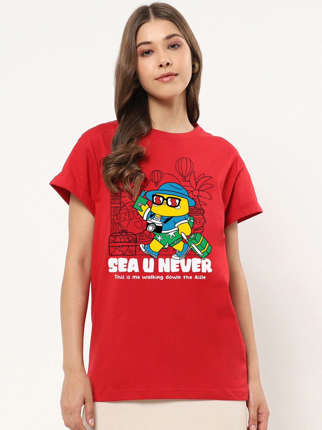 

Bewakoof Red Graphic Printed Drop-Shoulder Sleeves Cotton Relaxed Fit T-shirt