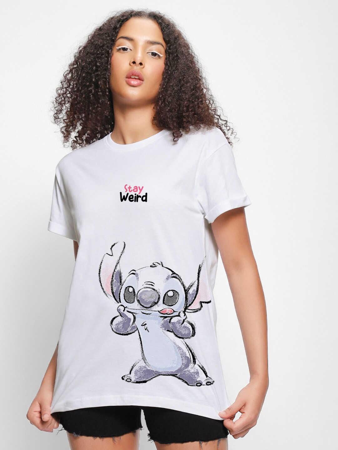 

Bewakoof White Stay Weird Graphic Printed Drop-Shoulder Sleeves Relaxed Cotton T-shirt