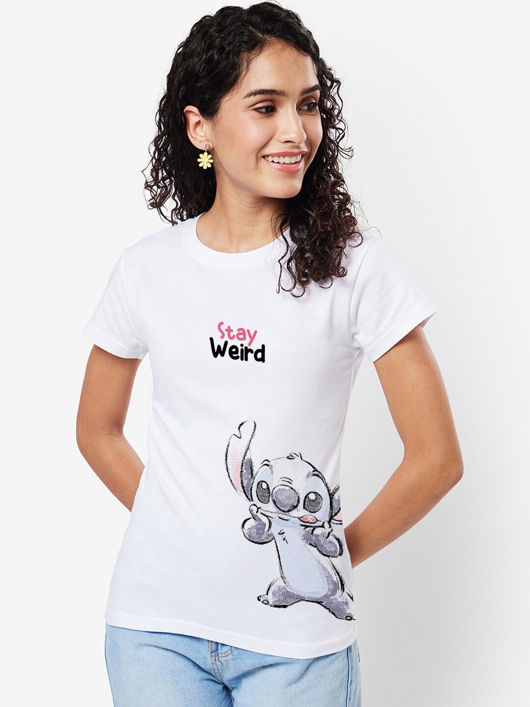

Bewakoof White Stitch Printed Round Neck Short Sleeves Cotton Regular T-shirt