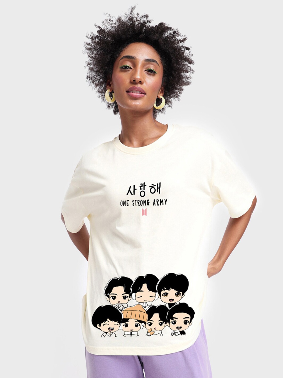 

Bewakoof White BTS Printed Round Neck Short Sleeves Cotton Oversized T-shirt