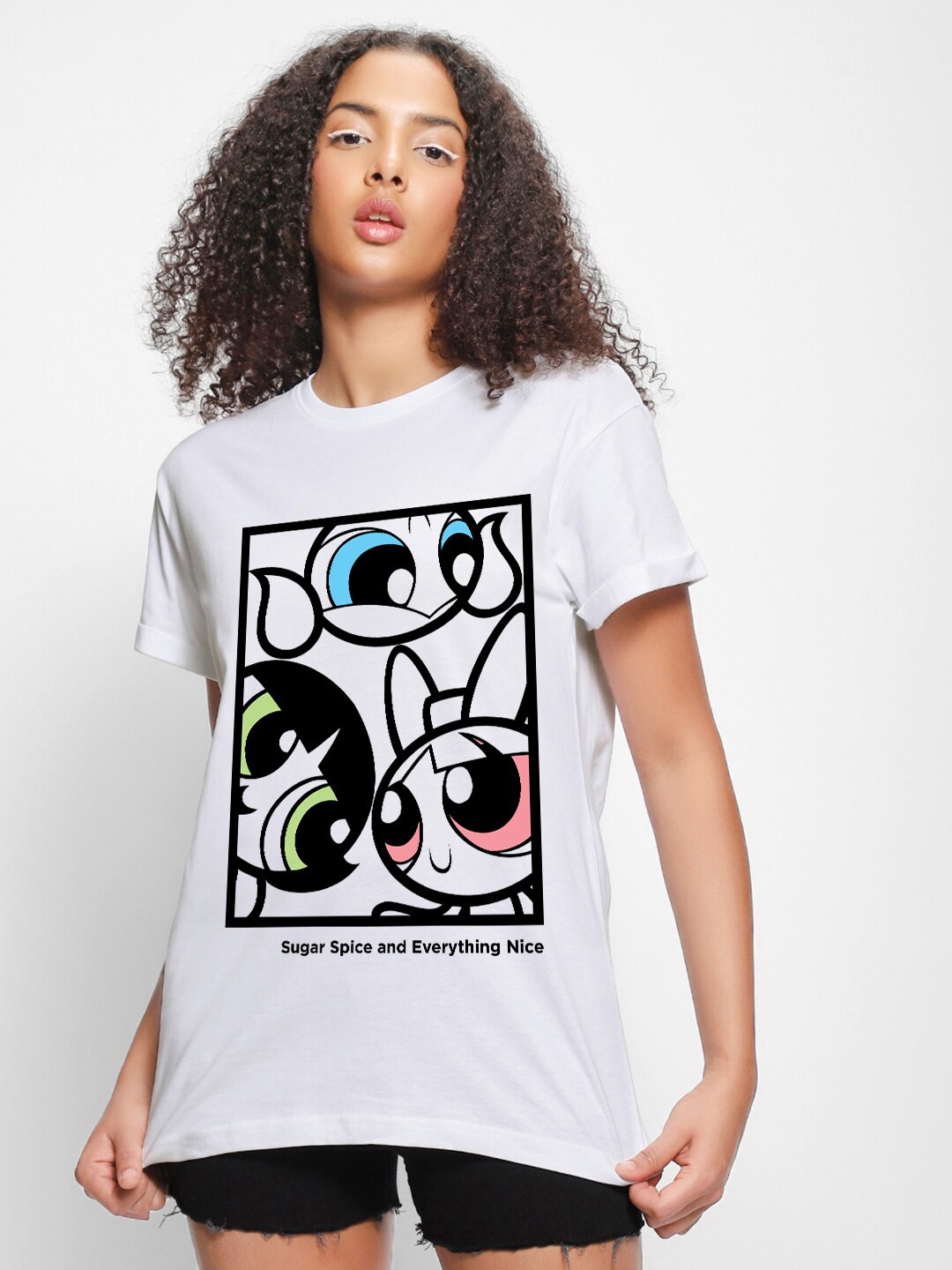 

Bewakoof Powerpuff Girls Printed Drop-Shoulder Sleeves Relaxed Fit Cotton T-shirt, White