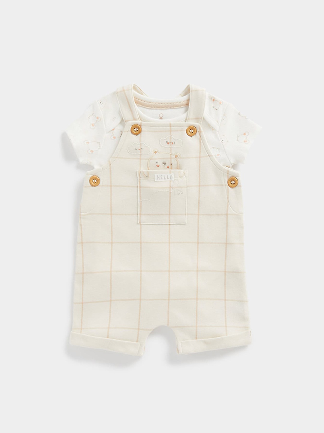 

mothercare Infants Checked Pure Cotton Dungaree With Bodysuit, Beige