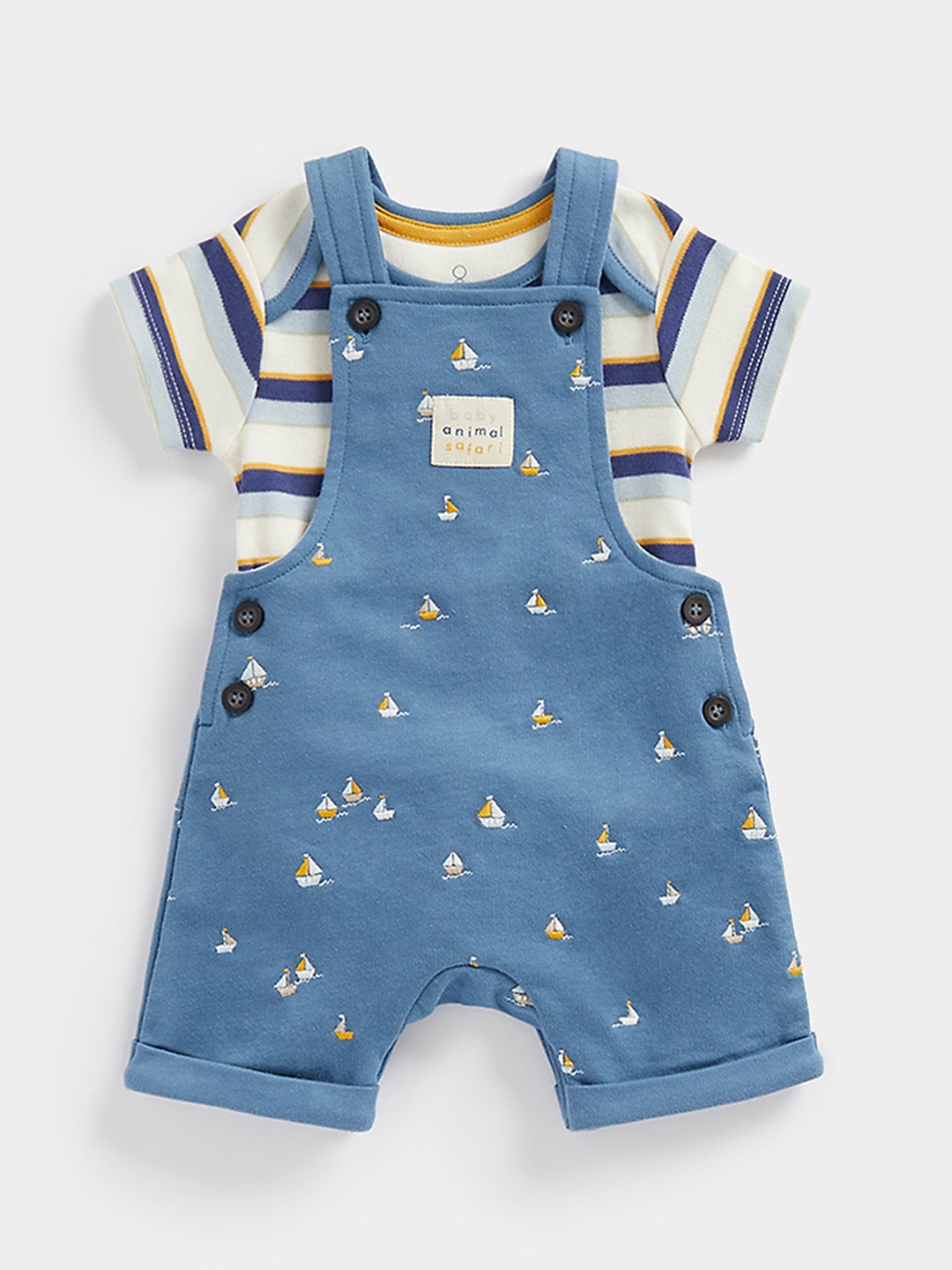 

mothercare Infant Boys Printed Pure Cotton Dungarees With T-shirt, Blue