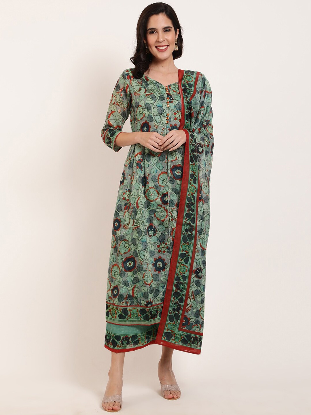 

FFU Floral Printed A-line Kurta With Palazzos & Dupatta, Green