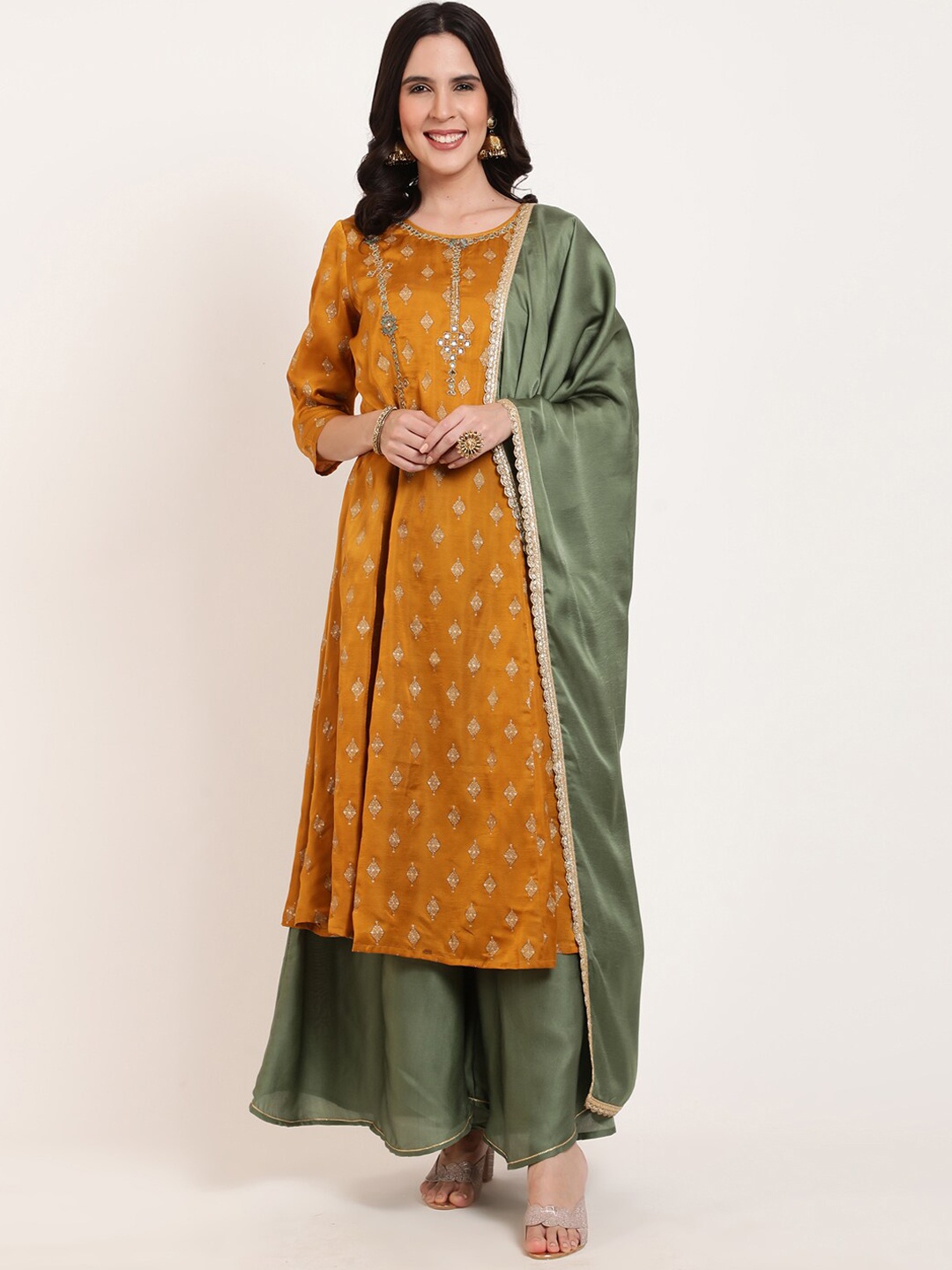

FFU Geometric Embroidered Kurta With Sharara & Dupatta, Mustard