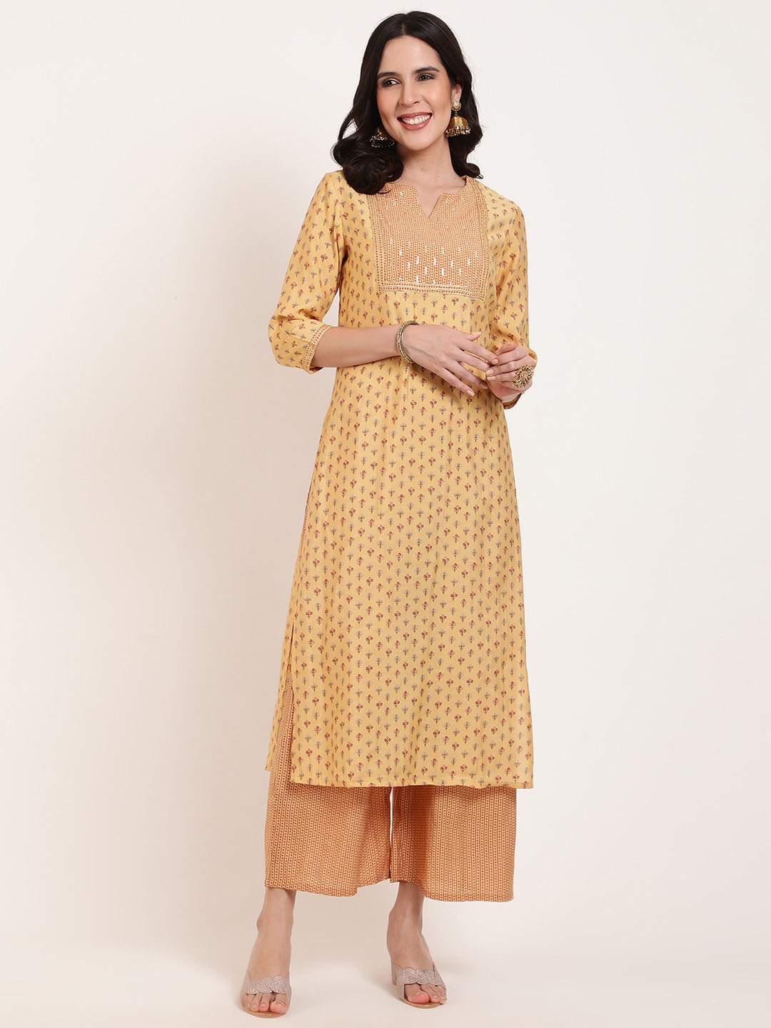 

FFU Ethnic Motifs Printed Kurta With Palazzos, Yellow