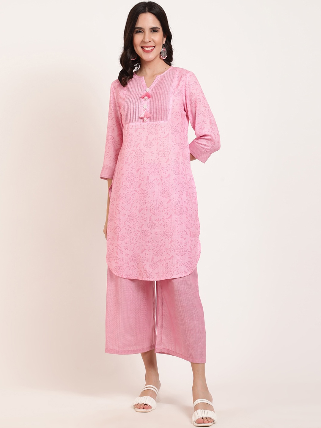 

FFU Floral Printed Mandarin Collar Kurta With Palazzos, Pink