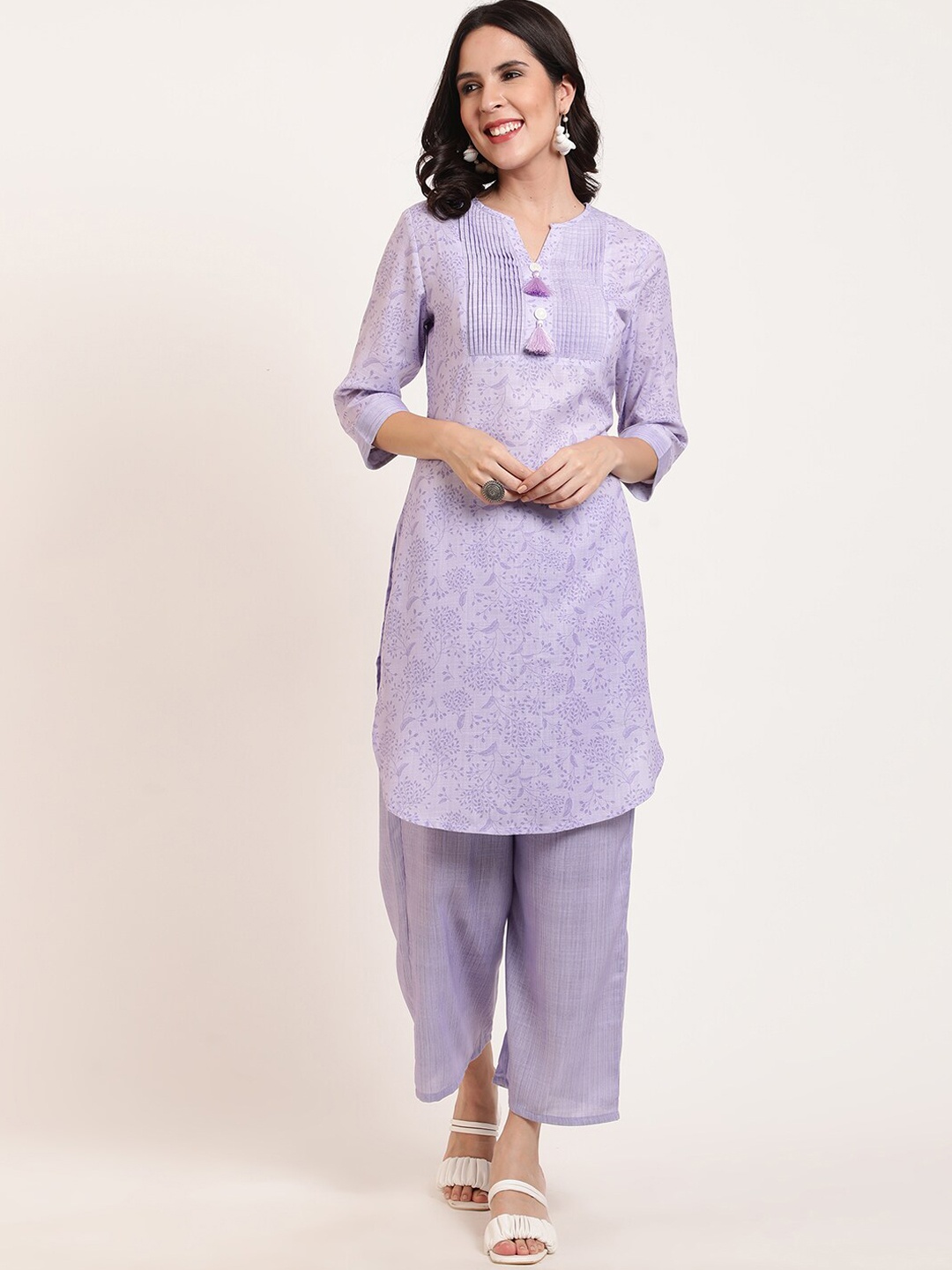 

FFU Floral Printed Notched Neck Straight Kurta With Palazzo, Purple