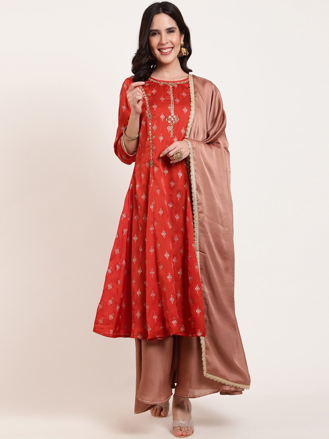 

FFU Ethnic Motifs Printed Thread Work A-Line Kurta With Sharara & Dupatta, Rust