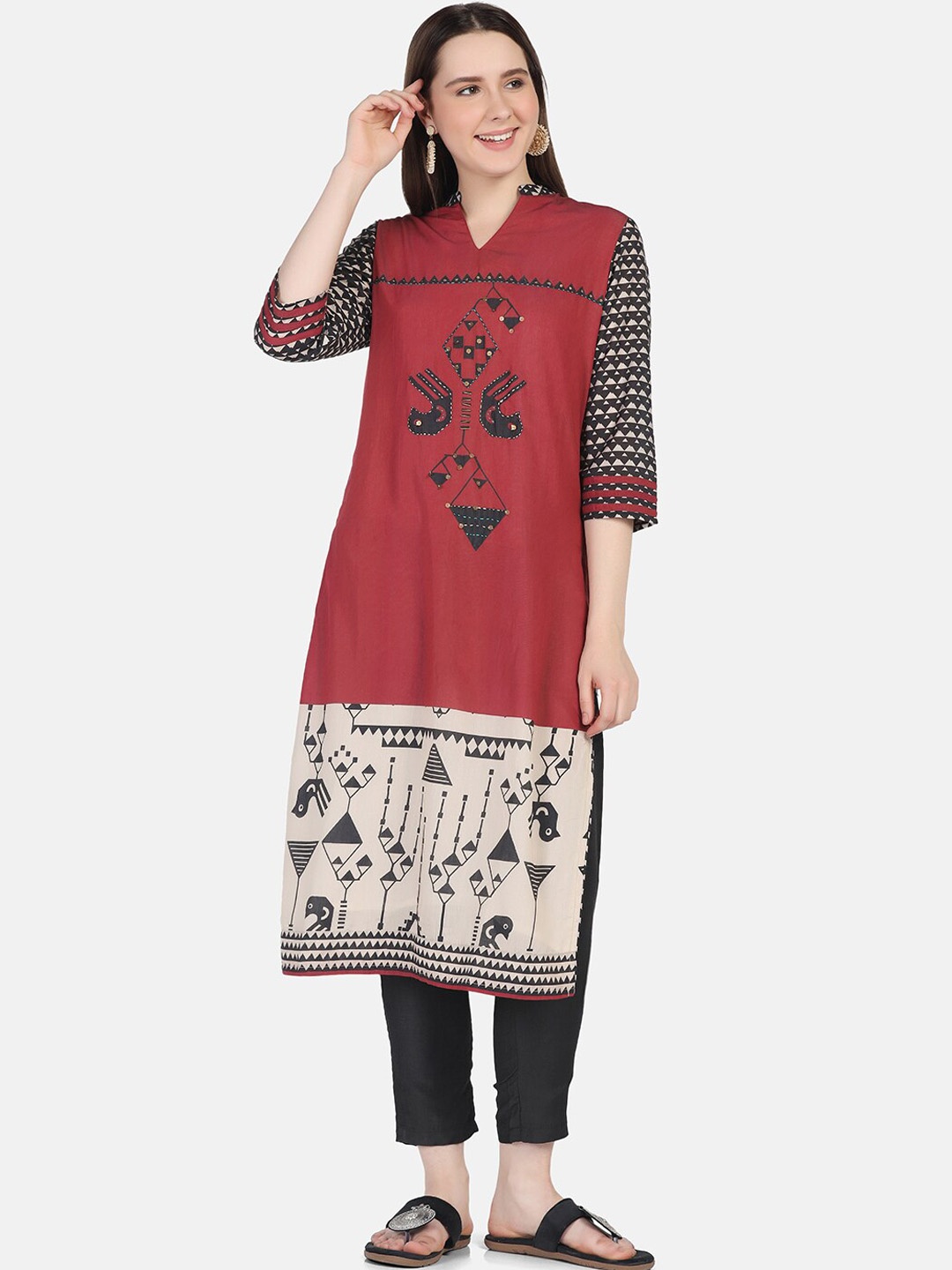 

FFU Geometric Printed Thread Work Sequined Straight Kurta With Trouser, Maroon