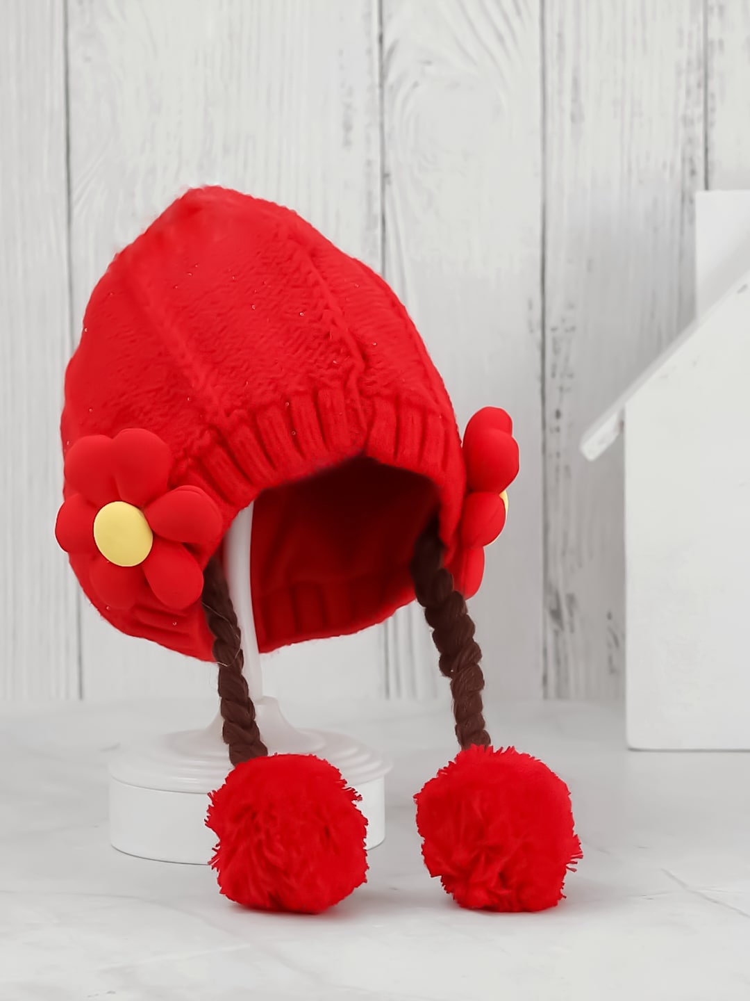 

Yellow Bee Girls Self Design Woollen Beanie, Red