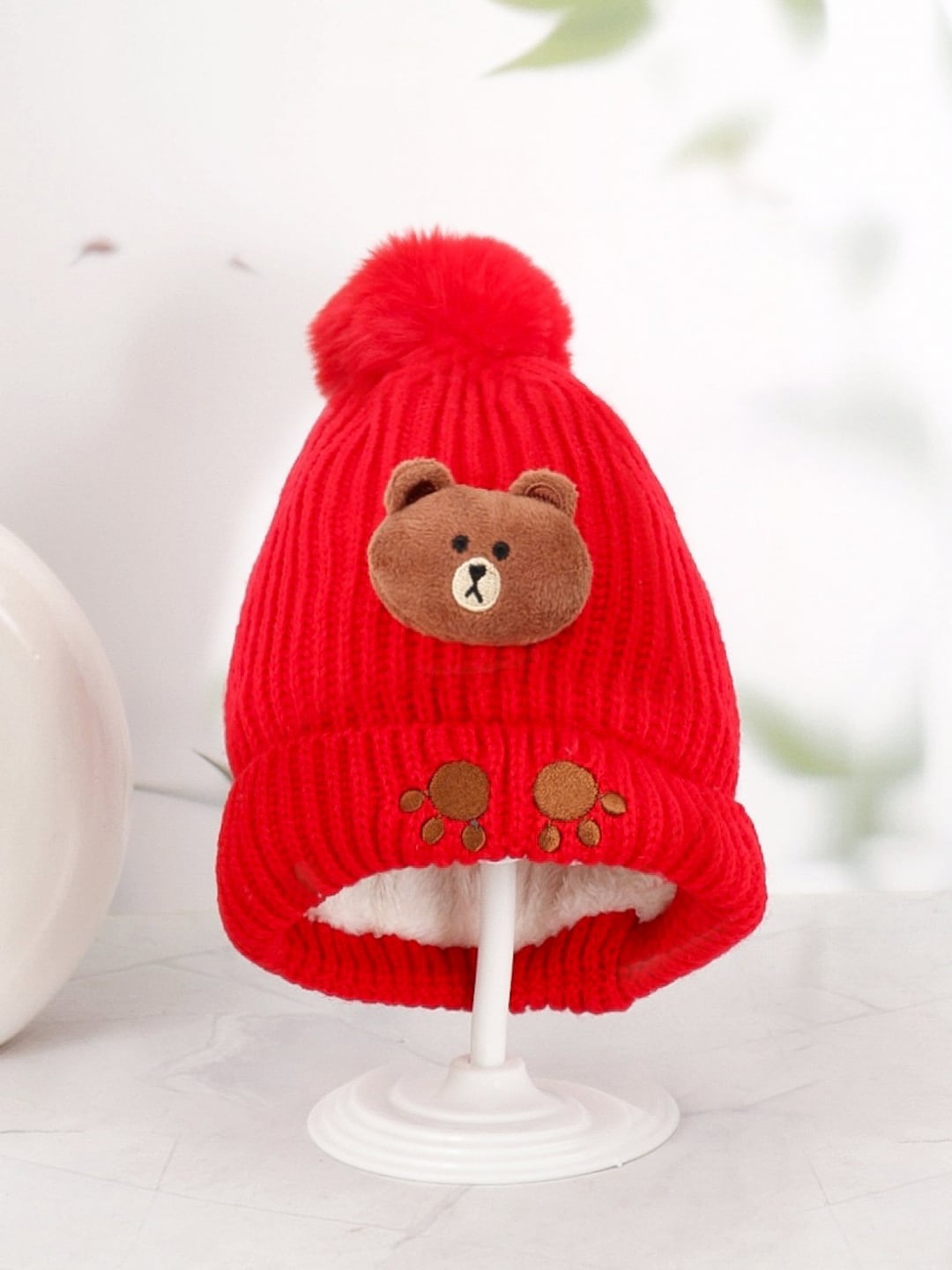 

Yellow Bee Boys Self-Designed Teddy Applique Woollen Beanie, Red
