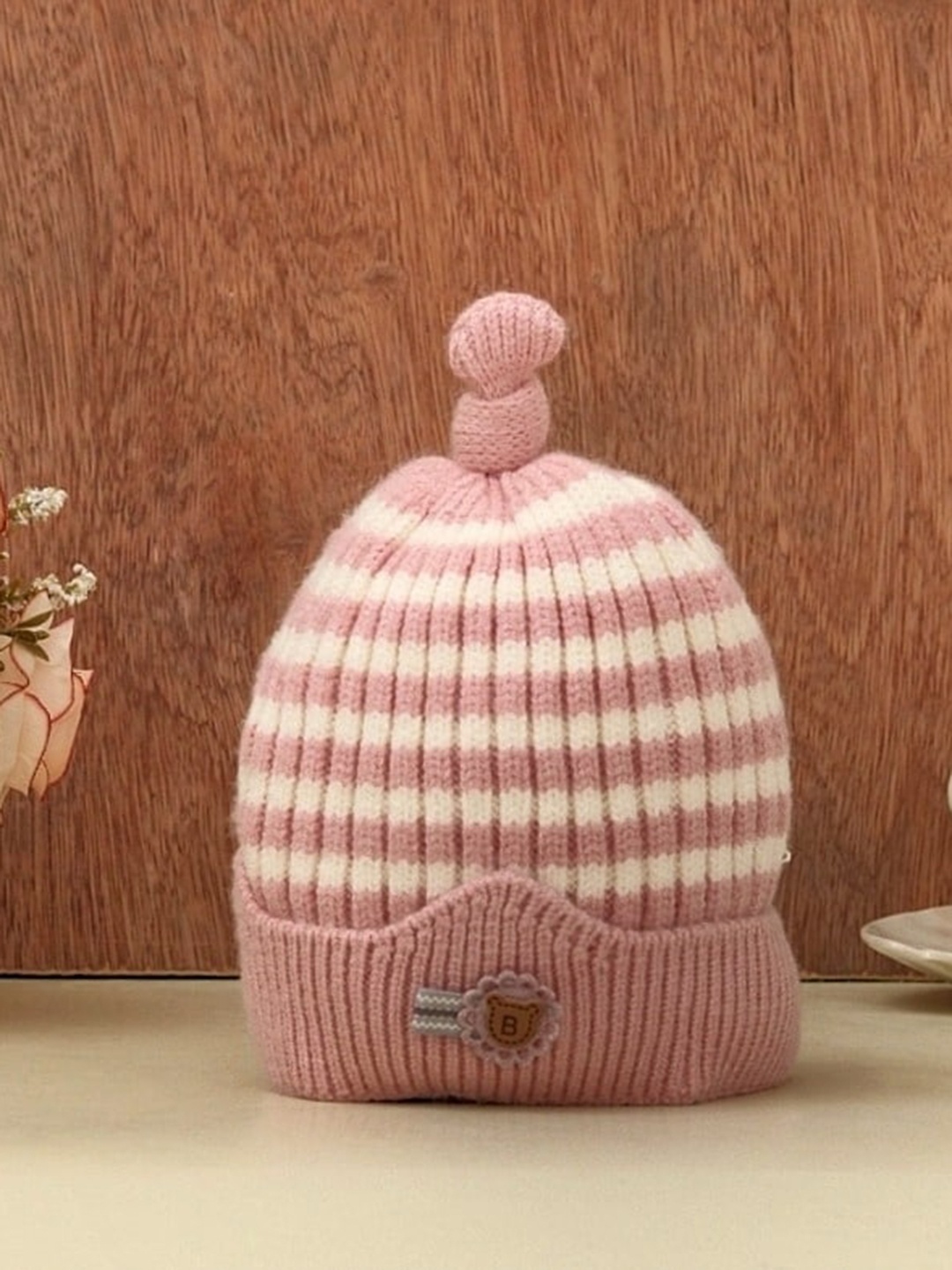 

Yellow Bee Girls Striped Knitted Woollen Beanie, Pink