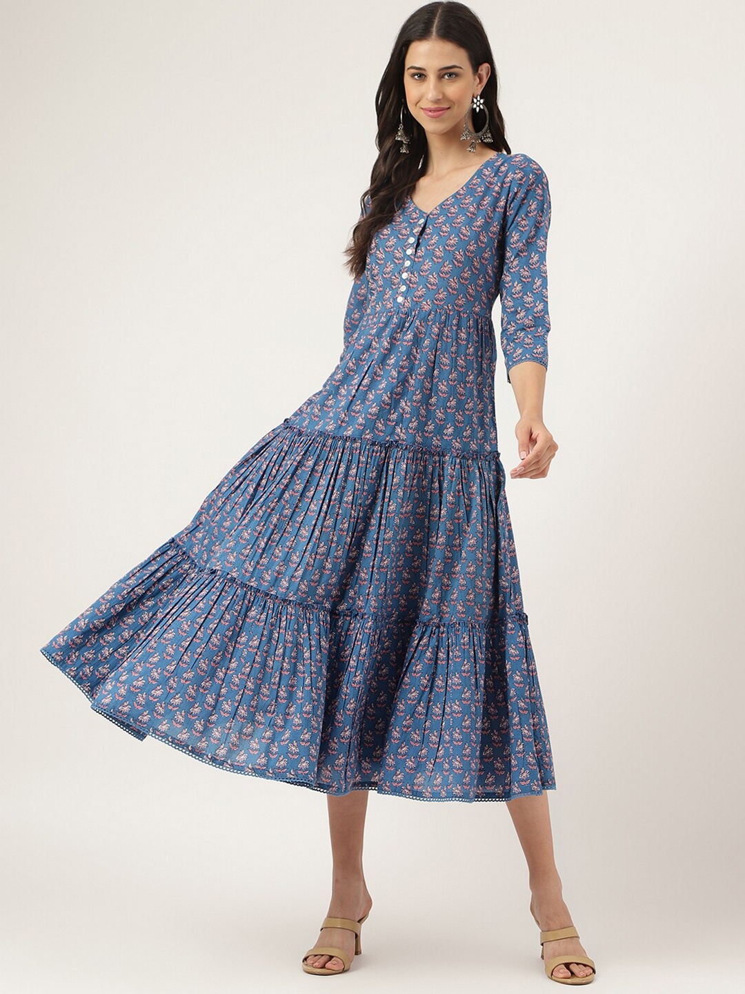 

KALINI Floral Printed Cotton Fit & Flare Midi Ethnic Dress, Blue