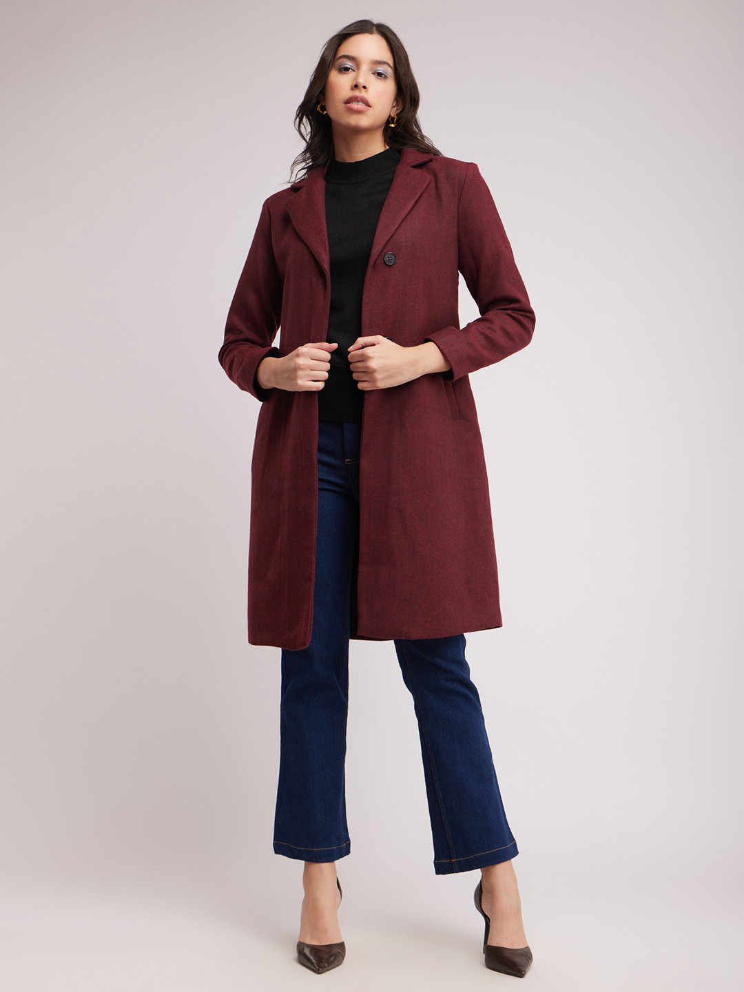 

FableStreet Single Breasted Longline Woollen Overcoat, Maroon