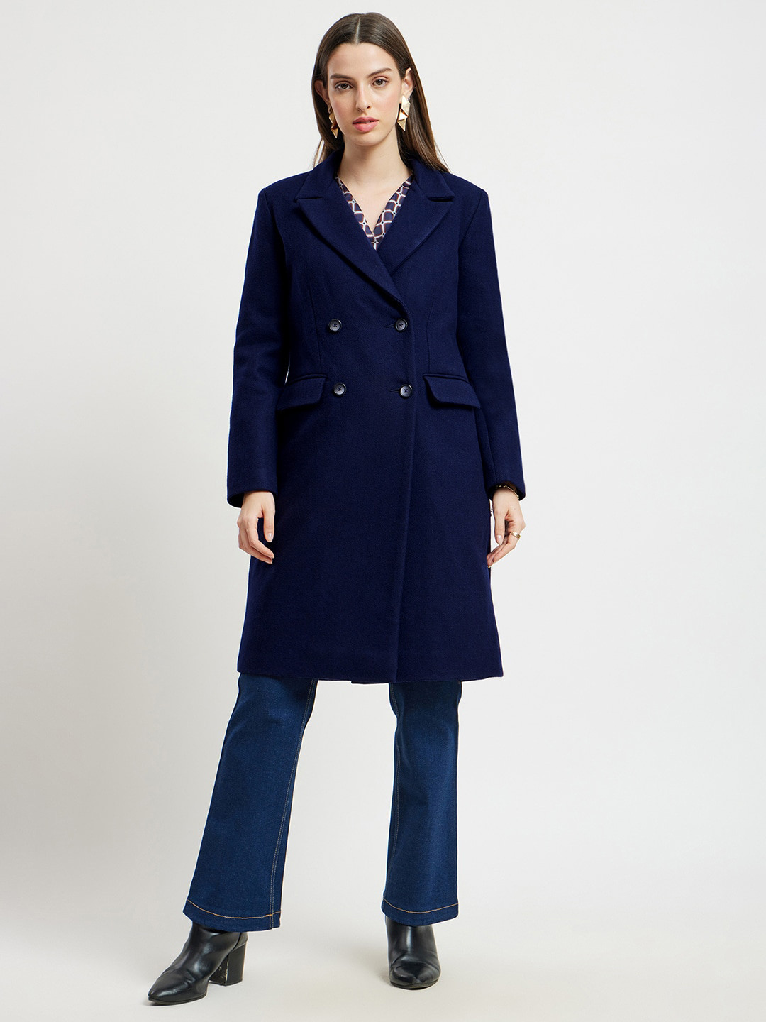 

FableStreet Double Breasted Longline Woollen Overcoat, Navy blue