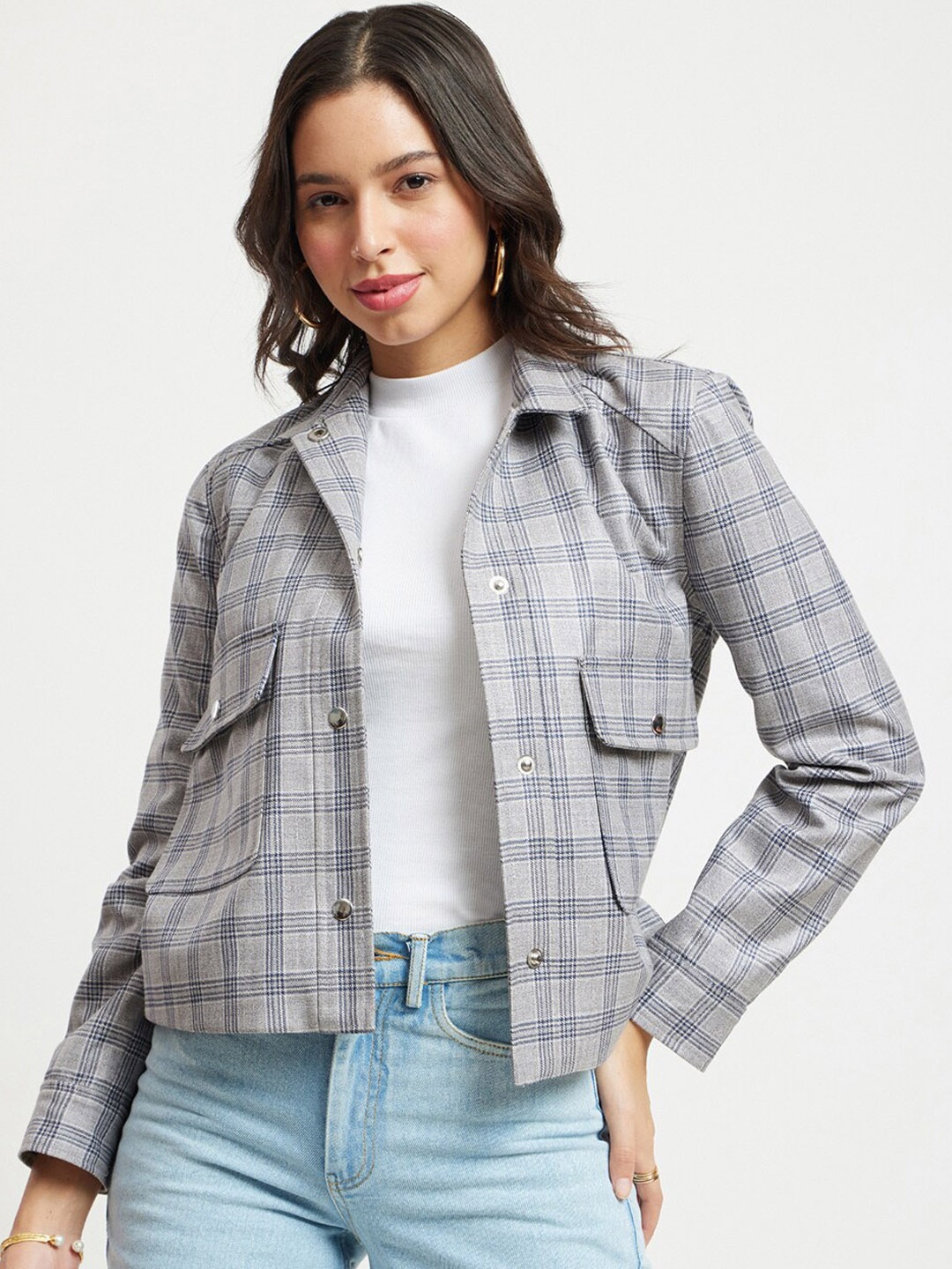 

FableStreet Checked Crop Tailored Jacket, Grey