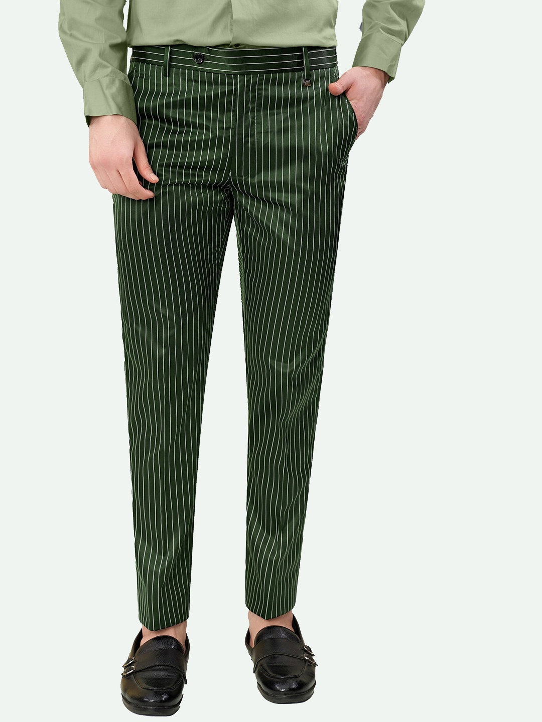 

FRENCH CROWN Men Tailored Striped Formal Trouser, Green
