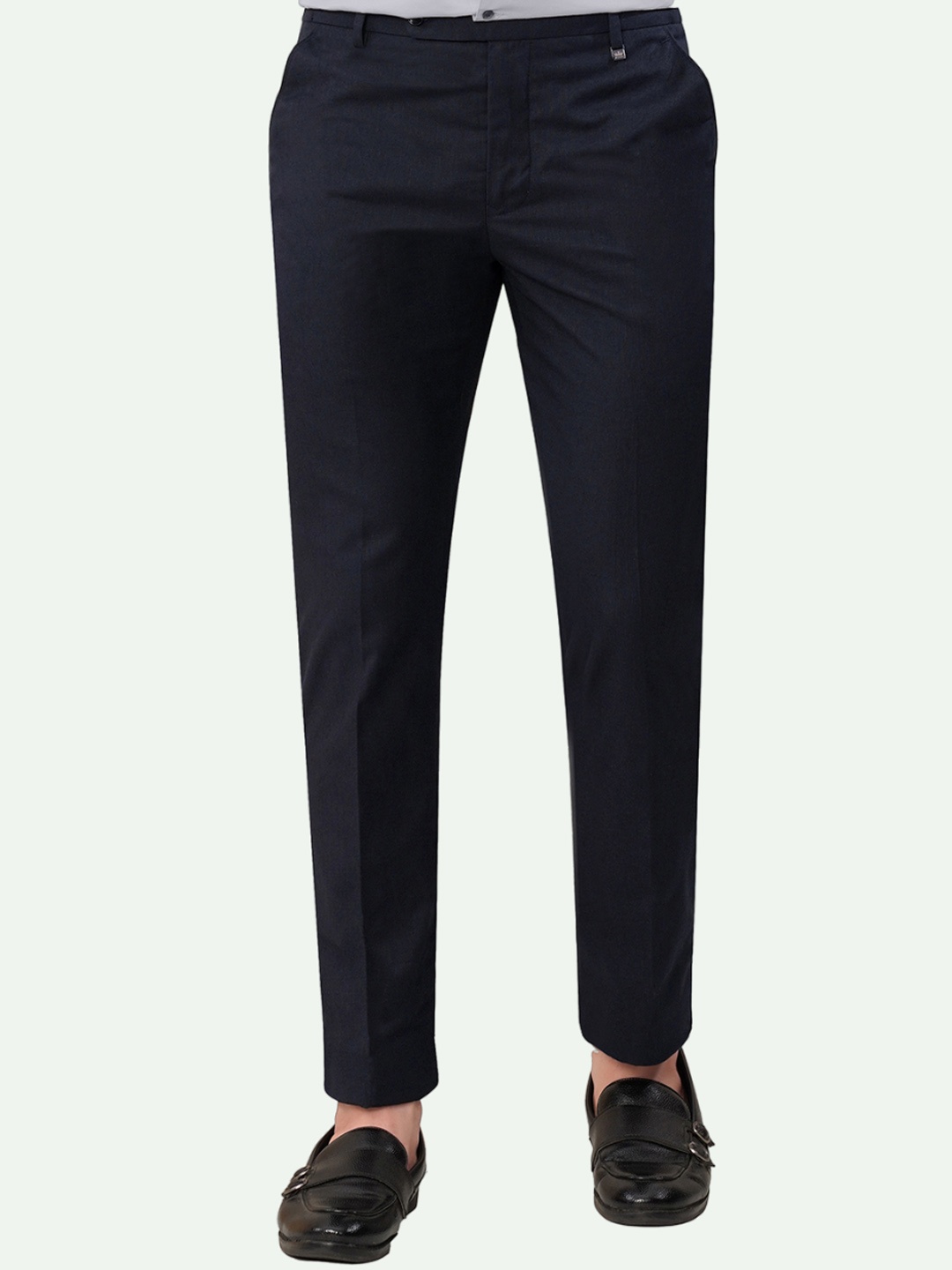 

FRENCH CROWN Men Tailored Mid-Rise Pure Cotton Formal Trouser, Navy blue