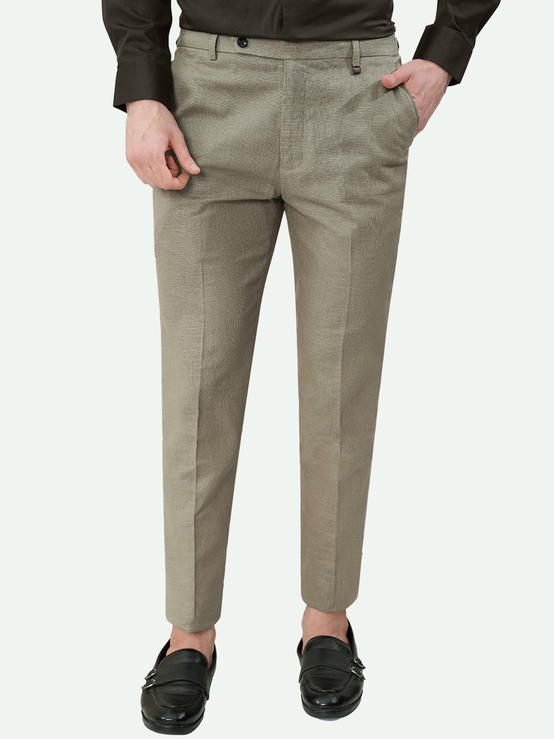 

FRENCH CROWN Men Tailored Mid-Rise Pure Cotton Formal Trouser, Olive