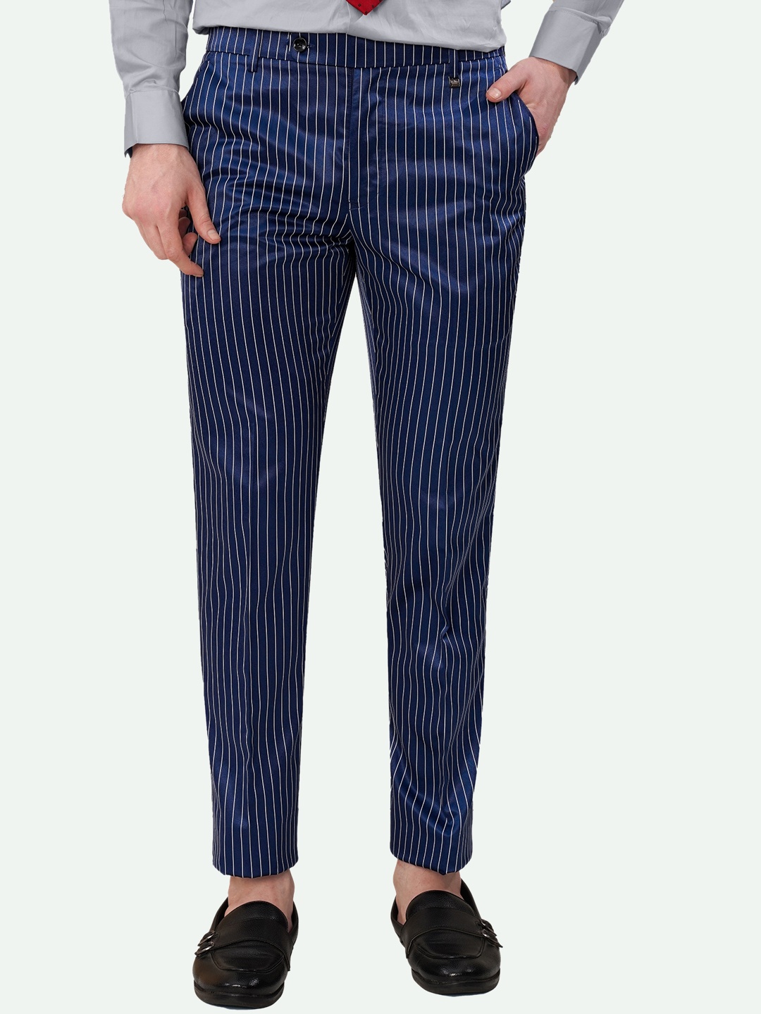 

FRENCH CROWN Men Tailored Striped Mid-Rise Trousers, Blue