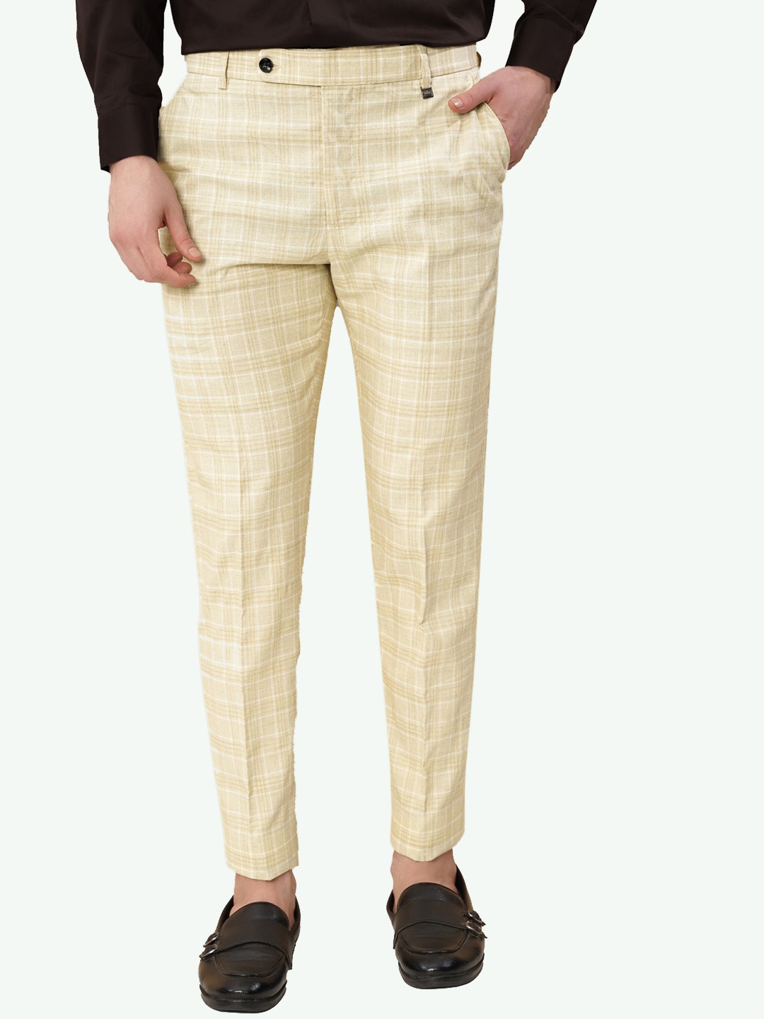 

FRENCH CROWN Men Tailored Checked Formal Trousers, Cream