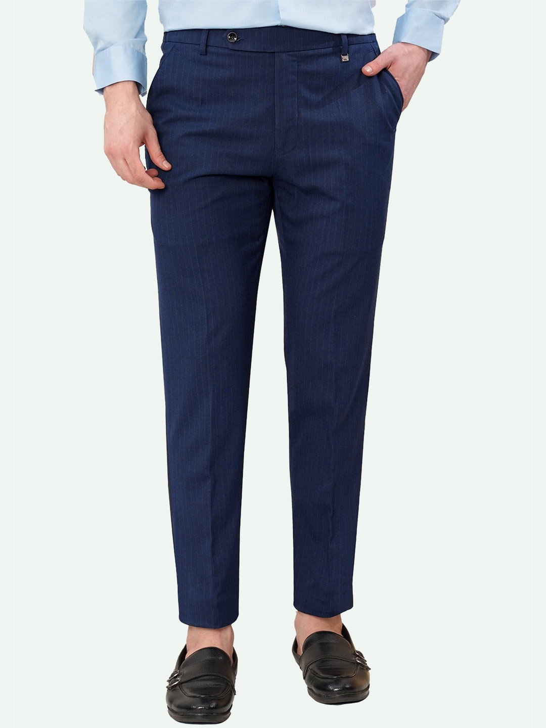 

FRENCH CROWN Men Tailored Striped Mid-Rise Formal Trousers, Blue