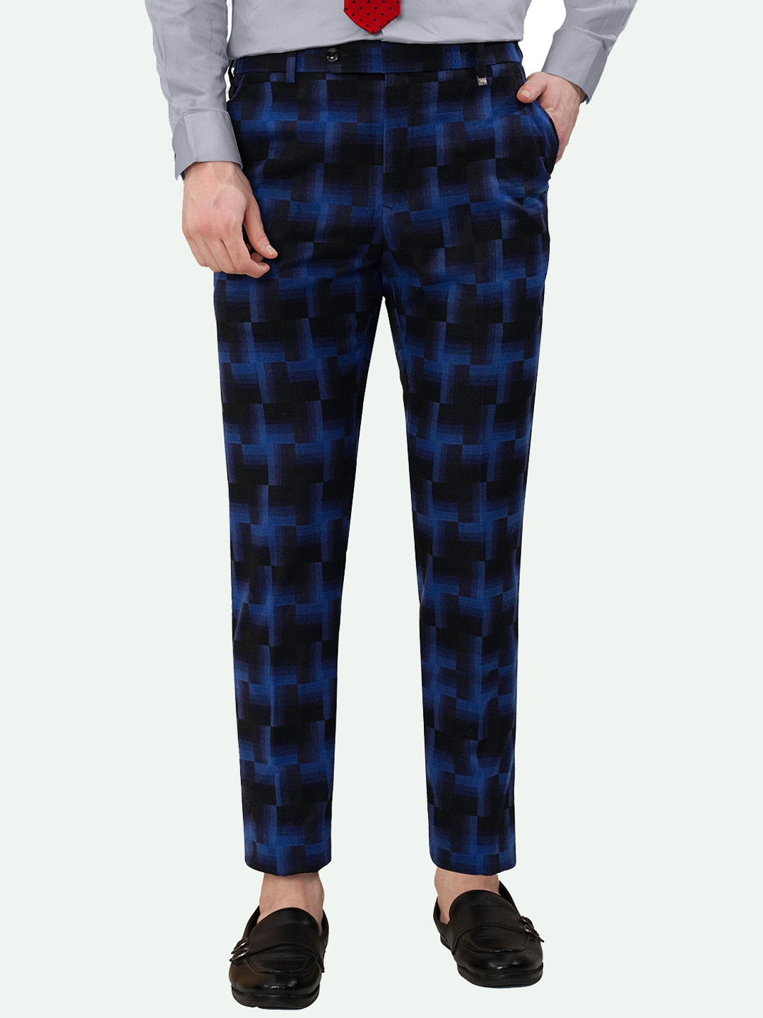 

FRENCH CROWN Men Textured Tailored Mid-Rise Formal Trousers, Blue