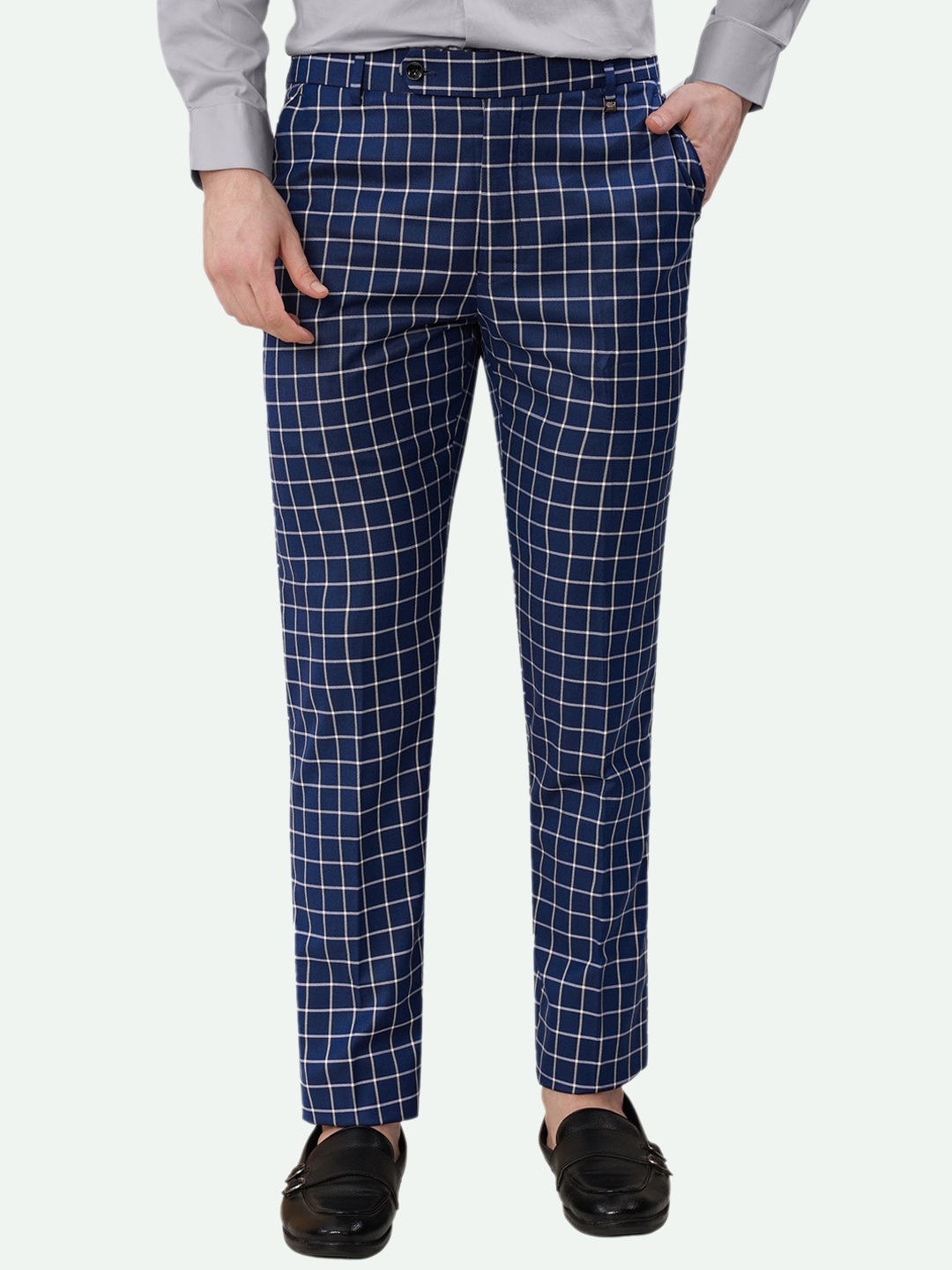 

FRENCH CROWN Men Checked Tailored Mid-Rise Formal Trousers, Blue