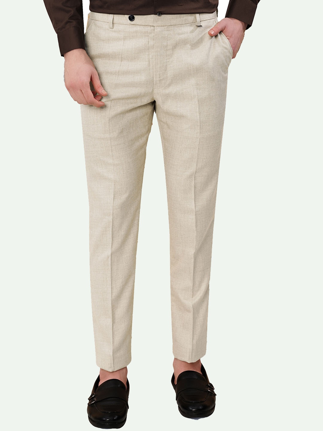 

FRENCH CROWN Men Textured Tailored Mid-Rise Linen Formal Trousers, Cream