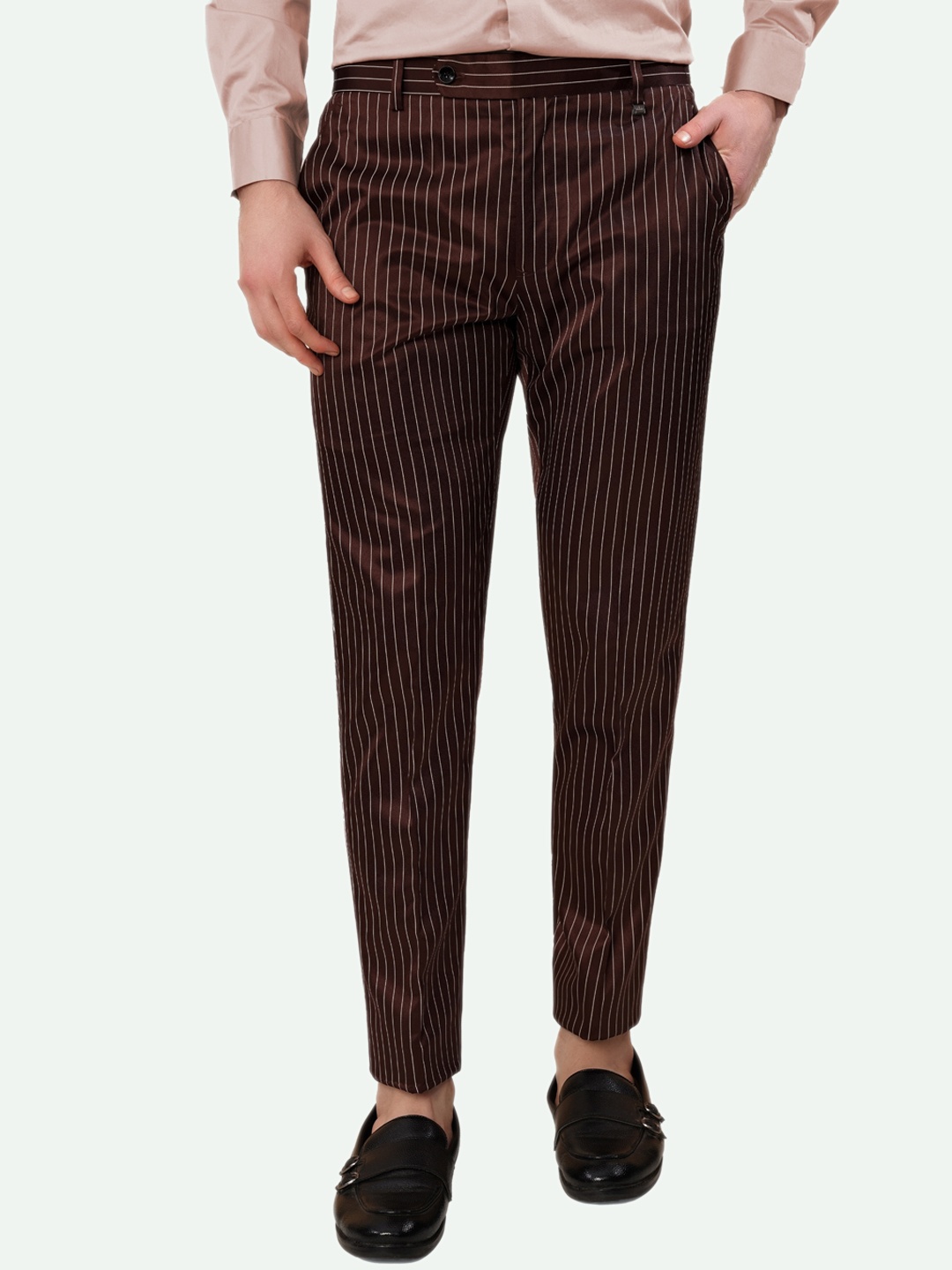 

FRENCH CROWN Men Striped Tailored Mid-Rise Formal Trousers, Brown