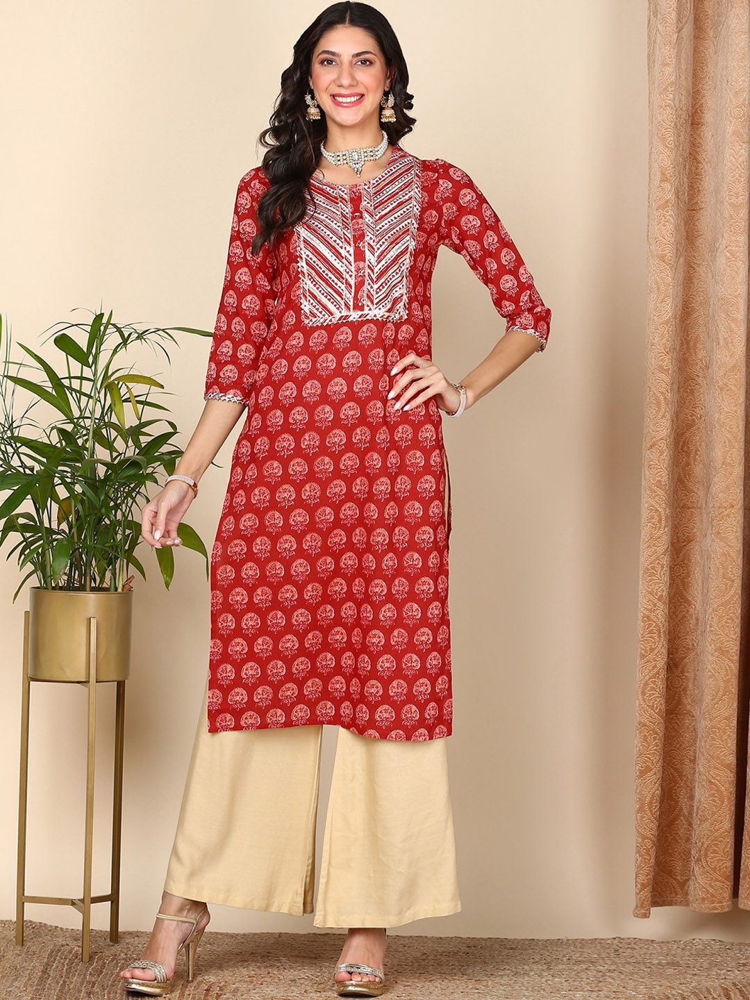 

HERE&NOW Ethnic Motifs Printed Organic Cotton Straight Kurta, Red