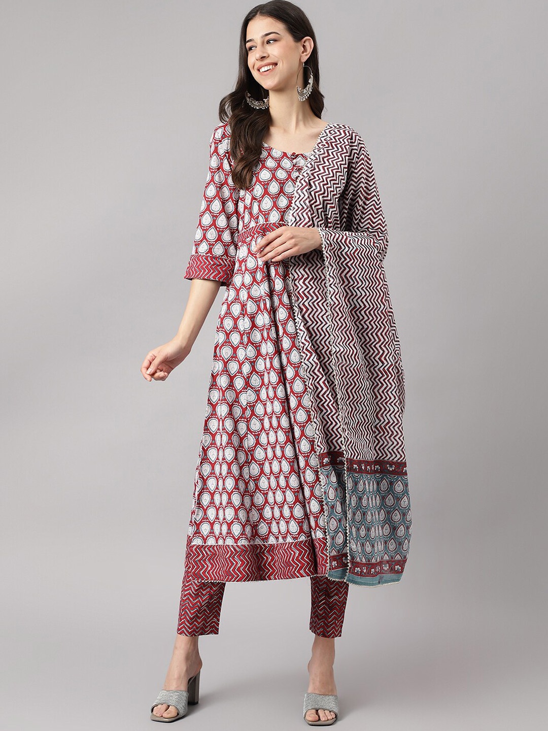 

KALINI Ethnic Motifs Printed Pure Cotton Anarkali Kurta & Trousers With Dupatta, Maroon