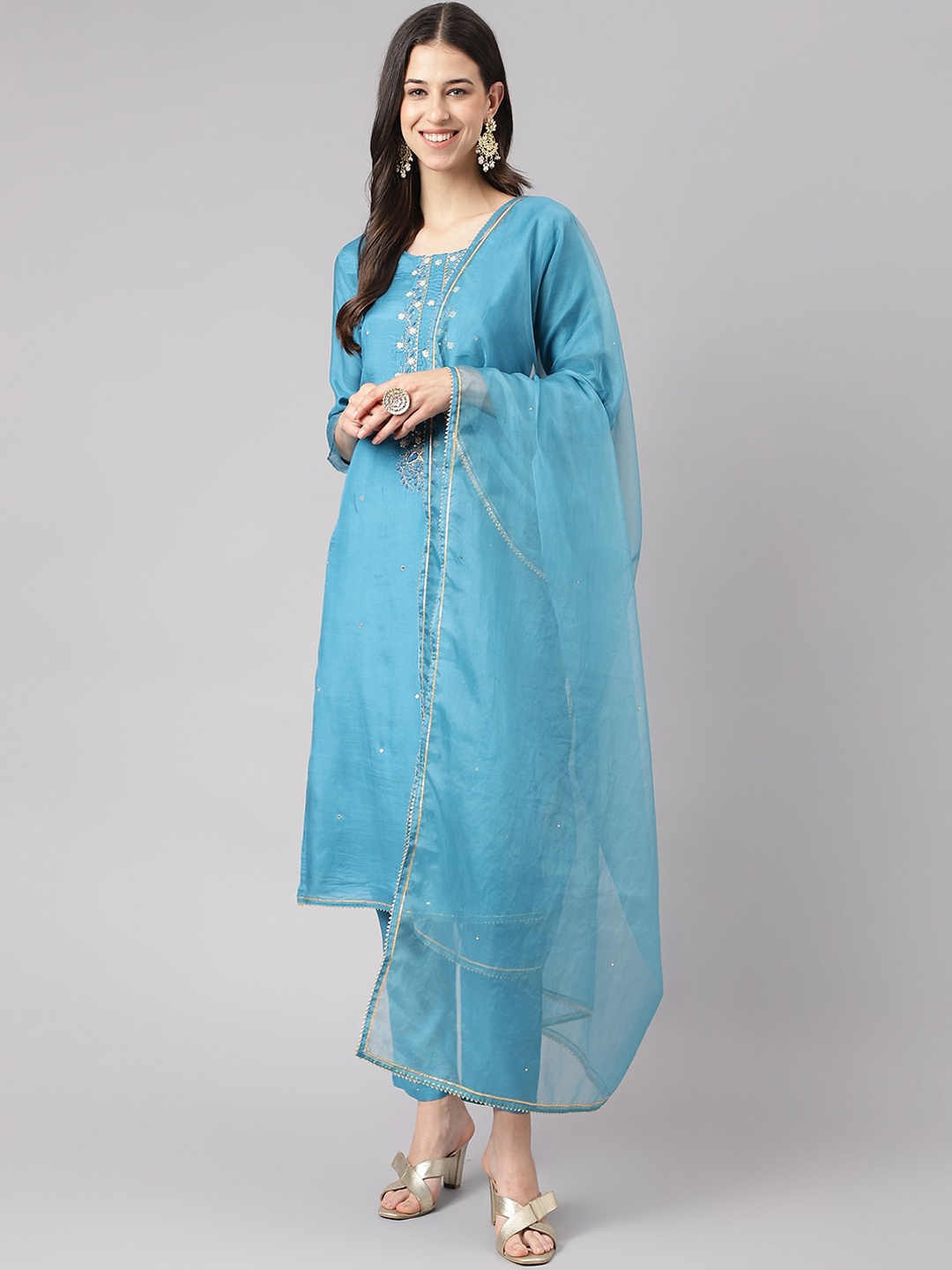 

KALINI Floral Embroidered Regular Beads and Stones Kurta With Trousers & Dupatta, Teal