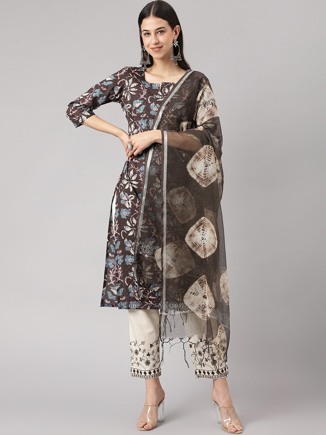 

KALINI Floral Printed Regular Sequinned Pure Cotton Kurta With Trousers & Dupatta, Black