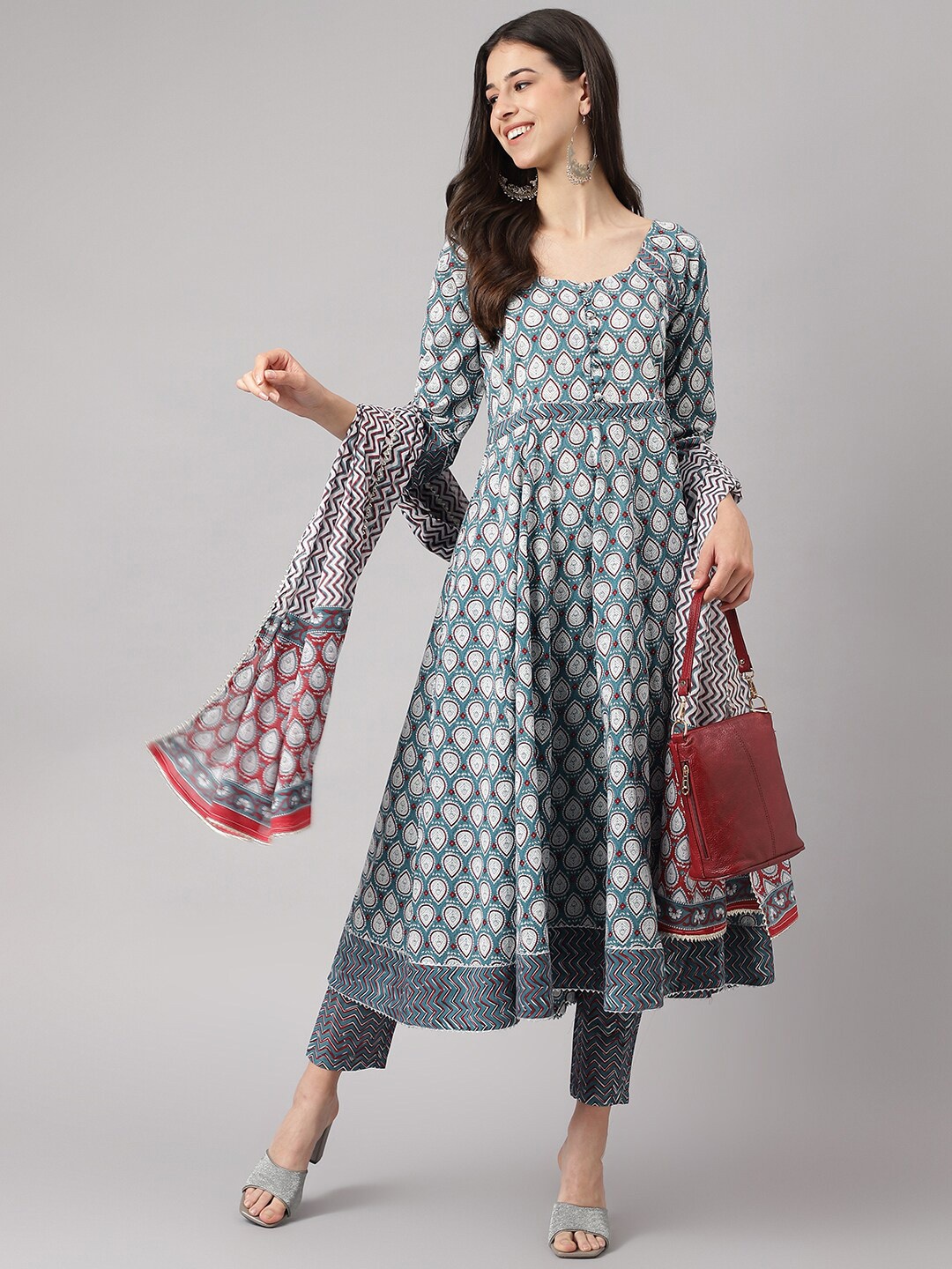 

KALINI Floral Printed Gotta Patti Pure Cotton Anarkali Kurta With Trousers & Dupatta, Turquoise blue