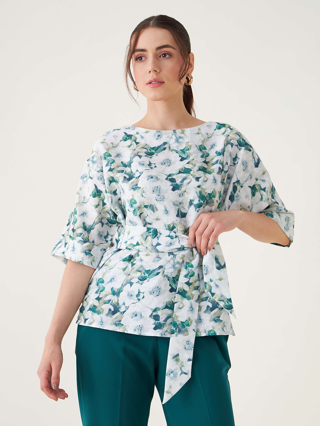 

SALT ATTIRE Floral Printed Boat Neck Top, Green