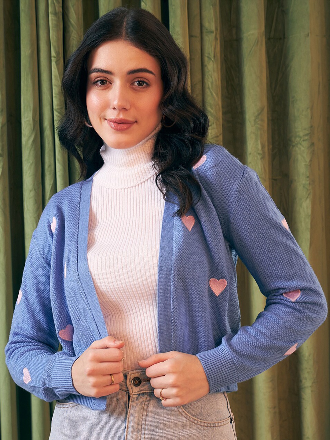 

Berrylush Heart Graphic Printed Open Front Acrylic Sweater, Blue