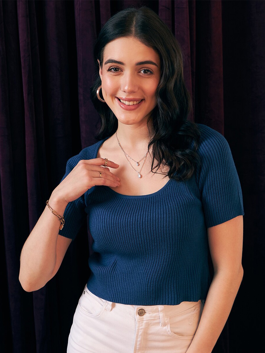 

Berrylush BASICS Blue Ribbed Scoop Neck Acrylic Crop Pullover Sweater