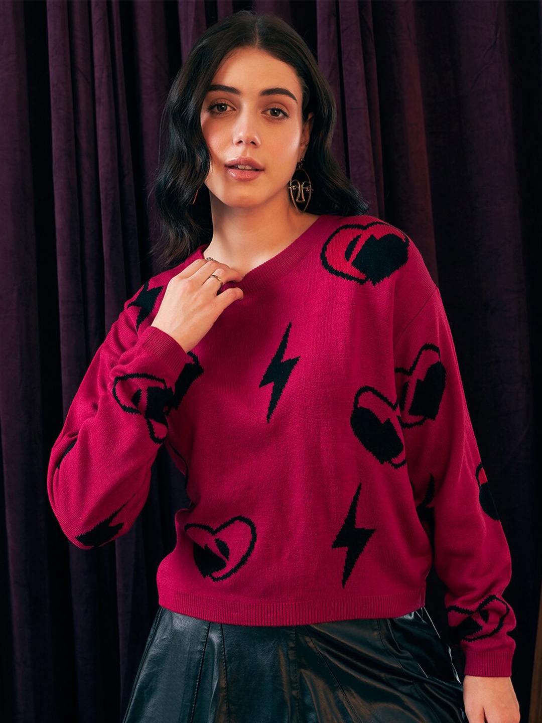 

Berrylush Pink Graphic Printed Acrylic Pullover Sweater