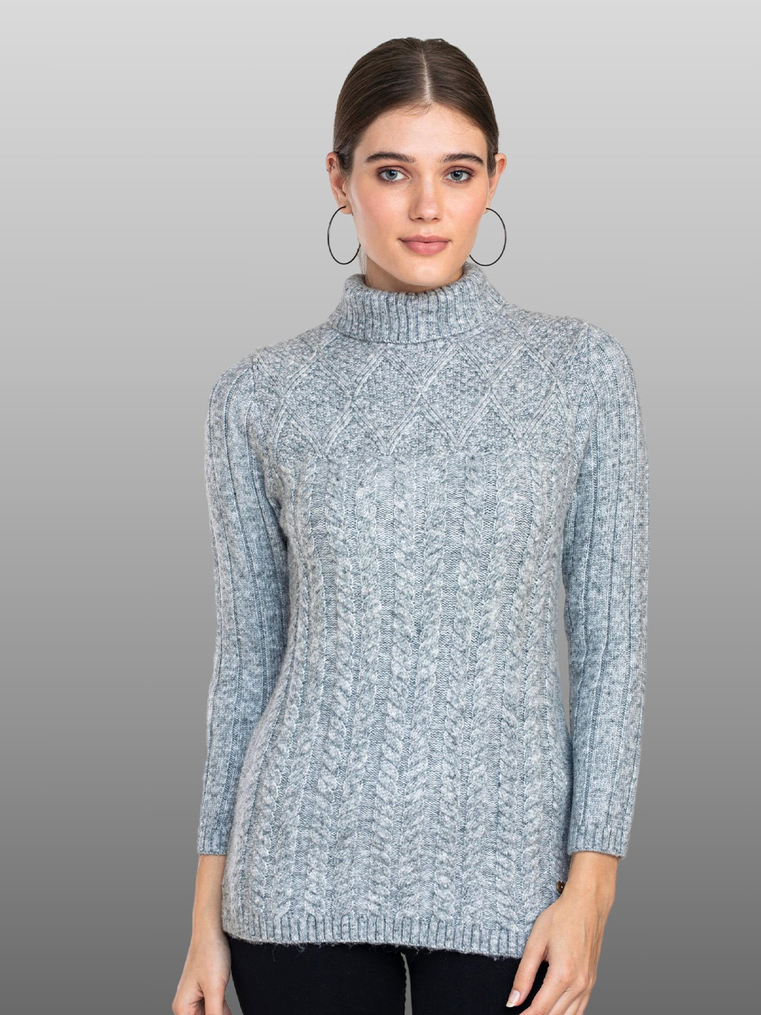 

Moda Elementi Cable Knit Self Design Turtle Neck Woollen Pullover, Grey melange