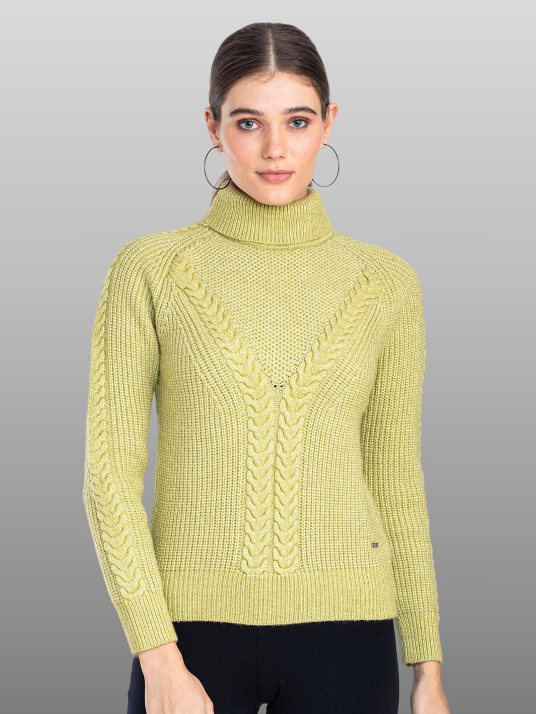 

Moda Elementi Cable Knit Self Design Turtle Neck Pullover, Lime green