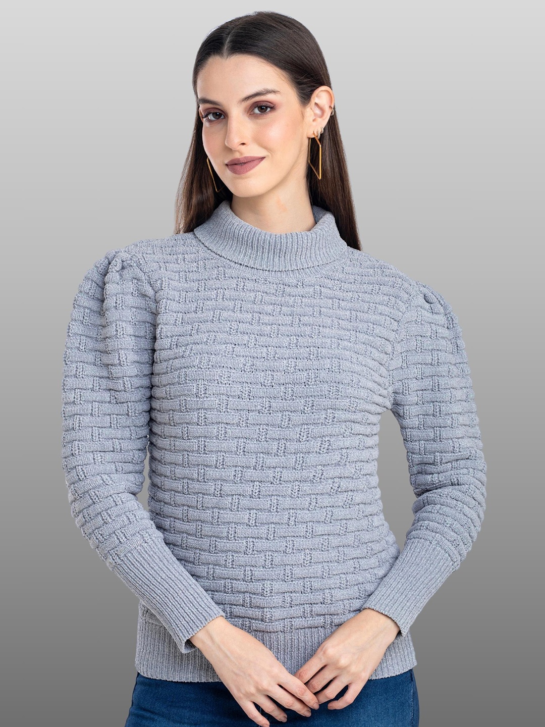 

Moda Elementi Cable Knit Self Design Turtle Neck Pullover, Grey